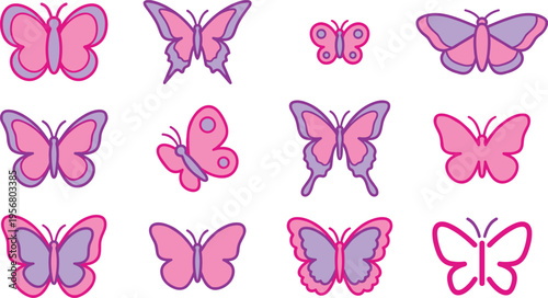 Twelve unique butterfly icon collection with pink and purple winged insect shapes, decorative outlines, and cute spring nature symbols for stickers, crafts, and feminine design
