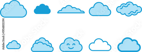 Ten unique cloud icon set with simple sky shapes, cute smiling clouds, and soft weather symbols for forecast graphics, education materials, interface design, and children projects