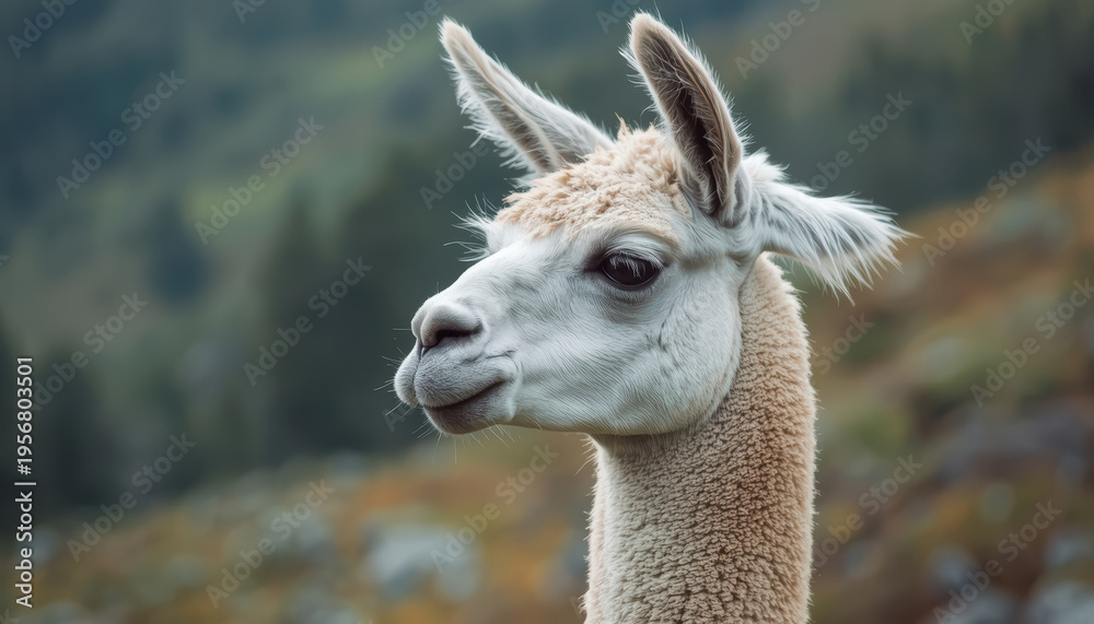 Obraz premium White llama portrait in mountain pasture showing soft fleece and calm expression