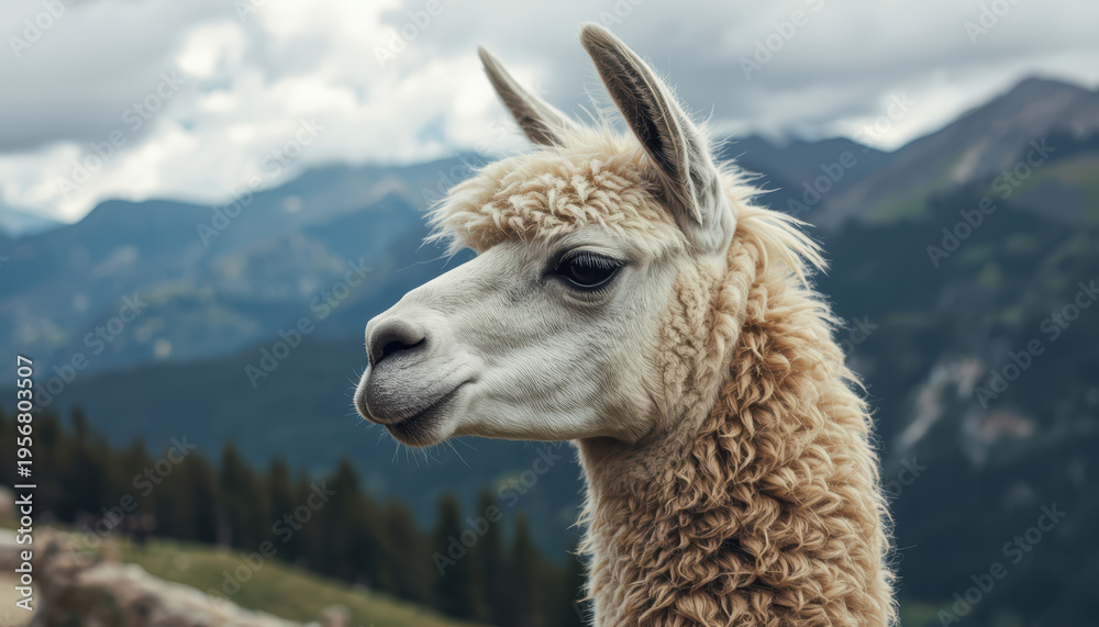 Obraz premium White llama portrait in mountain meadow with cloudy sky and evergreen forest