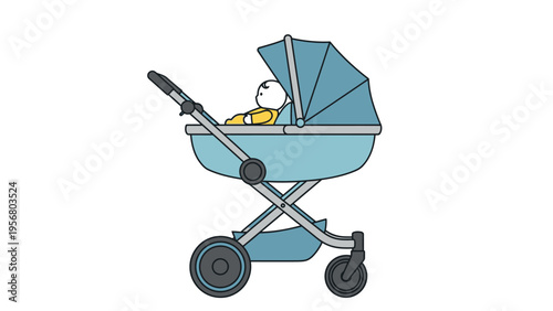Blue Baby Stroller Vector Illustration with Infant, Modern Pram for Newborn Travel and Parenting Concept, Minimalist Flat Carriage Icon with Baby in Yellow Outfit Isolated on White