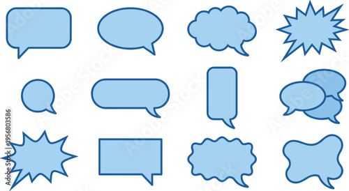 Twelve unique speech bubble icon collection with chat boxes, comment clouds, dialogue shapes, and comic bursts for apps, social media, messaging, and interface design