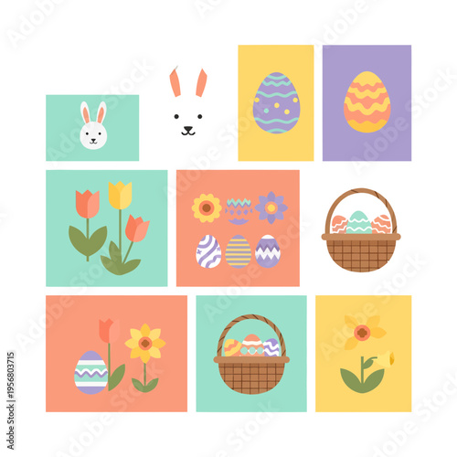 Easter 2026 Vector Illustration Set with Cute Bunnies, Decorated Eggs, Spring Flowers, and Baskets in Flat Pastel Style