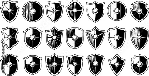 Vector Set of Medieval Shields, Isolated Black and White Sketch Collection