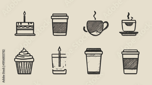 Hand-drawn sketch icons of coffee cups, cake, cupcake, and candles for cafe menus, celebrations, and beverage concepts