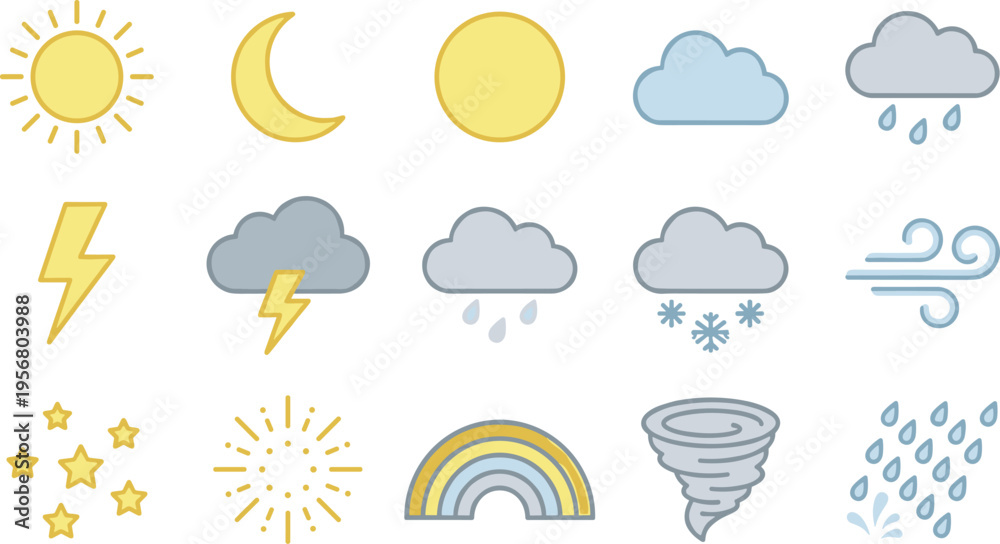 Naklejka premium Weather and sky icon collection with sun, moon, clouds, rain, rainbow, lightning, wind, storm, and atmospheric symbols for forecast graphics, education, and seasonal design