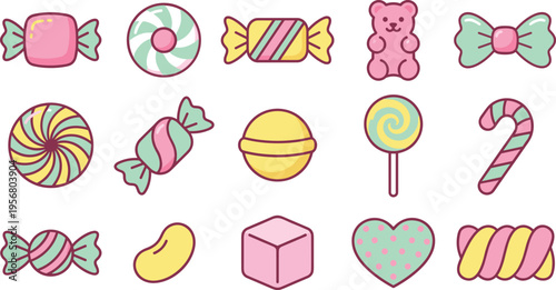 Cute candy icon collection with wrapped sweets, lollipops, gummies, jelly beans, sugar treats, and colorful confectionery symbols for children design, packaging, and food graphics