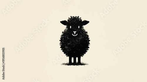 Cute Stylized Black Sheep Illustration with Textured Wool and Gentle Smile on Light Beige Background, Adorable Farm Animal