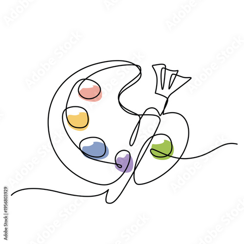 Paint brush and color palette one line drawing. Paint brush and color palette single line illustration. Paint brush and color palette minimalist line art