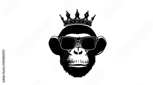 Modern Monkey Head Wearing Sunglasses and Royal Crown Vector. Trendy Primate King Graphic Art Illustration.