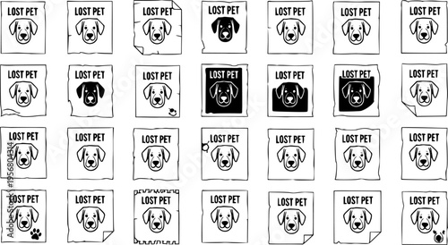 Lost Pet Flyer Icons: Black and White Vector Set