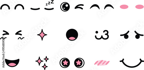 Cute facial expression icon collection with cartoon eyes, blush, brows, smiles, sparkles, and playful emotive details for character creation, stickers, and kawaii illustration