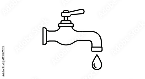 Clean line art vector graphic illustration of a dripping water faucet icon, perfect for showcasing conservation, plumbing problems, or water scarcity themes in design.