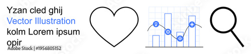 Data analysis, analytics visualization, search exploration, technology, business strategies, and market trends. A heart, a graph with icons and a magnifying glass. Data analysis and search