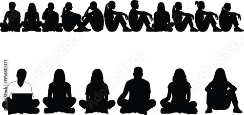 Silhouette people sitting, cross-legged pose, laptop user, posture diversity, minimal vector art, black figures, group activity, social contrast