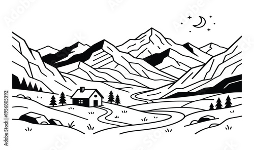 Minimalist mountain landscape with cabin and winding road under starry night sky vector illustration