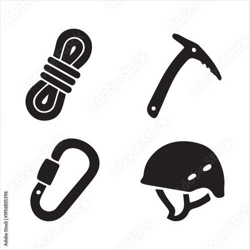 Mountain climbing gear icon set. Solid glyph symbols of mountaineering equipment. Vector collection with rope, ice axe, carabiner, helmet for alpinism, hiking and safety.