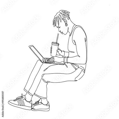 line drawing of a young man with dreadlocks sitting down, holding a drink, and typing on his laptop.