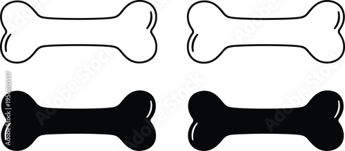 Dog bone vector icons set, pet food silhouette and line art outline, animal treat snack symbols, puppy toy technical sketch, isolated elements.