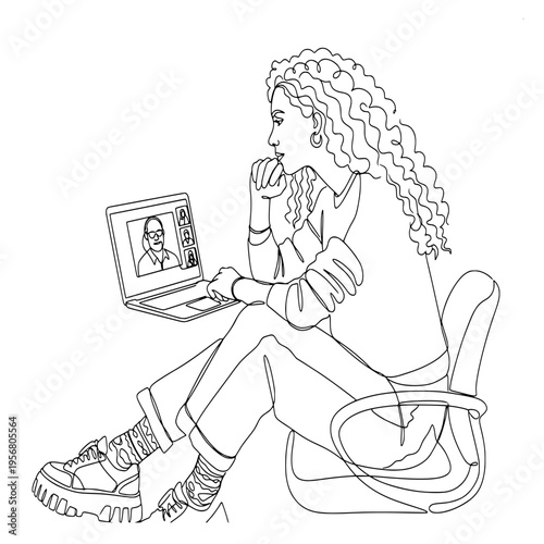 line art of a woman sitting on an office chair participating in a video conference call on her laptop computer.