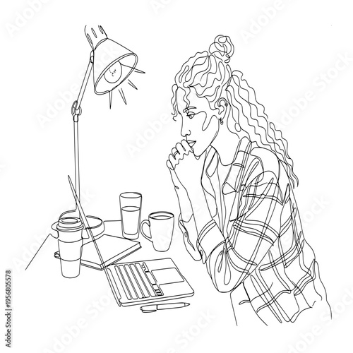 continuous line art of a focused woman with curly hair working on her laptop under a warm glowing desk lamp light.