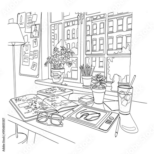 line art illustration of a creative desk with tablet, notebook, and plants in front of a city window view.