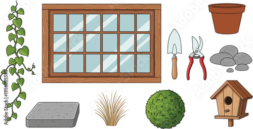Garden landscaping elements set, wooden window frame with birdhouse and tools, backyard gardening equipment and plants vector illustration, isolated outdoor objects.