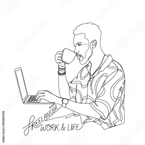 line art of a male freelancer with a beard and watch drinking coffee while typing on a laptop computer screen.