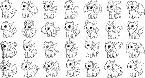Collection of Adorable Cartoon Dragon Line Art Characters for Coloring Pages