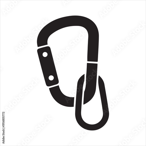 Black silhouette of a carabiner clip with a chain link attached for climbing