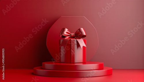 Red Gift Box on Pedestal with Ribbon.