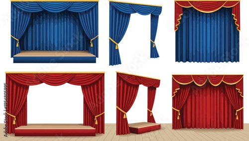 Red and Blue Theater Stage Curtain Set with Velvet Drapes, Golden Tassels, Valances, and Wood Podium for Performance Event Design