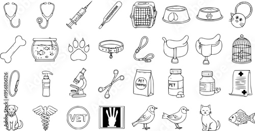 Veterinary and Pet Care Icons: A Collection of Veterinary Equipment, Pet Supplies, and Animal Illustrations