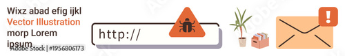 Cybersecurity, data protection, online threats, phishing prevention, warning icons, digital safety. Virus alert over a URL, a plant email alert triangle. Cybersecurity and online threats concept