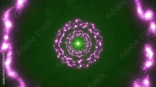 A glowing pink energy portal with a central green light, swirls on a green background