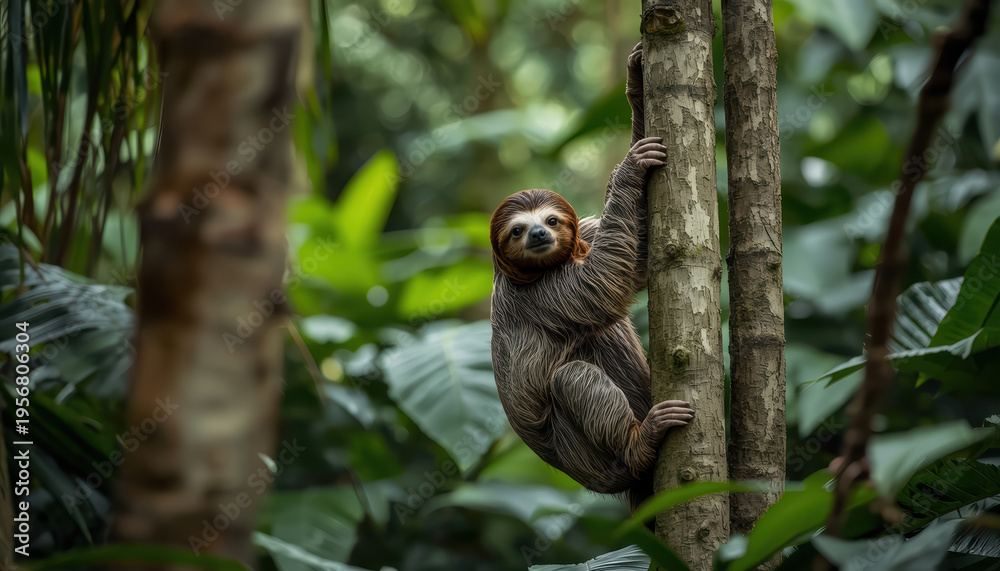 Obraz premium Young brown sloth climbing tree trunk in lush tropical jungle, calm expression and soft fur