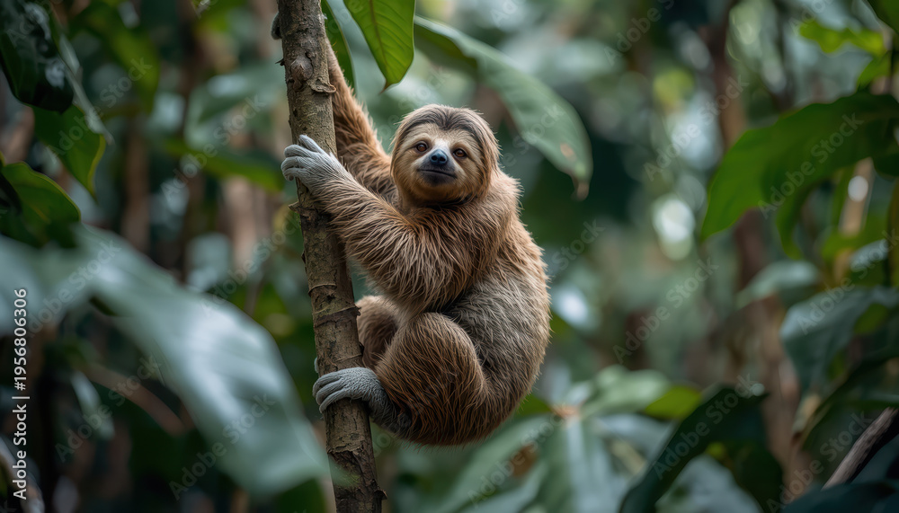 Fototapeta premium Sloth climbing branch rainforest brown fur calm expression