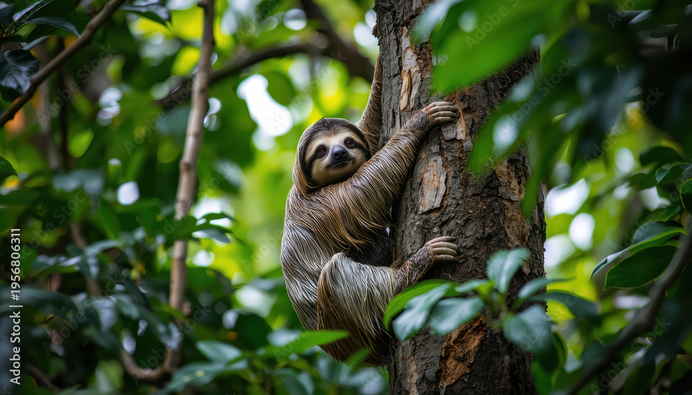 Fototapeta premium Young brown sloth climbing tree in dense green rainforest with calm expression