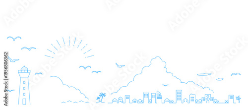 夏の海辺の街並みのフレームイラスト　背景イラスト　都市景観