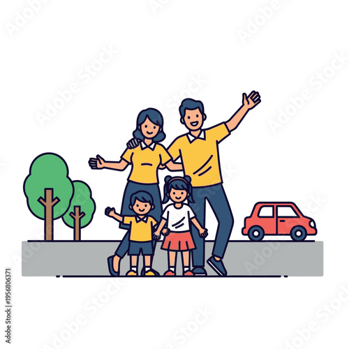 Happy Family Vector Illustration, Parents with Two Children Standing Outdoors, Concept of Family Trip and Travel with Red Car and Trees, Flat Minimalist Character Design on White Background
