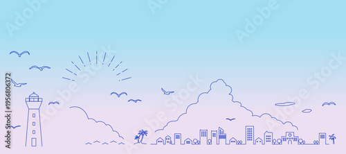 夏の海辺の街並みのフレームイラスト　背景イラスト　都市景観