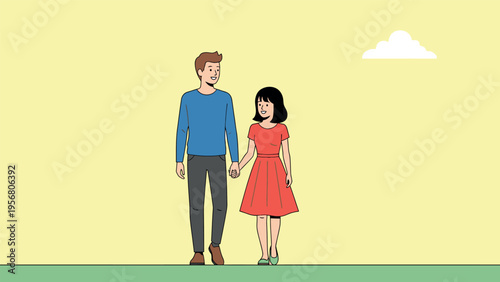 Happy Couple Walking and Holding Hands Vector Illustration, Young Man and Woman in Love, Romantic Date and Partnership Concept, Minimalist Flat Character Design on Yellow Background