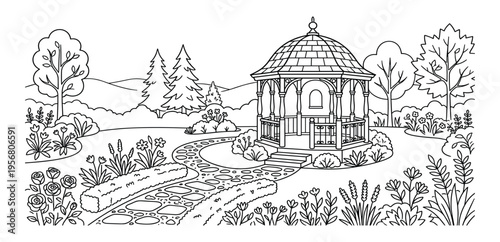 Ornate gazebo in a blooming garden with flowerbeds and curved stone path