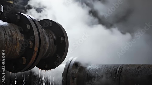 Close-up of industrial pipes with steam, condensation, and water dripping
