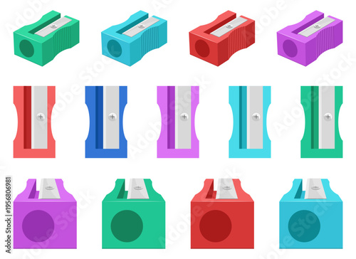 Colorful collection of pencil sharpeners in various colors and orientations.