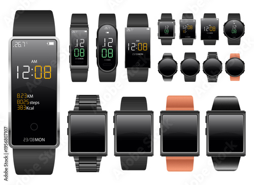 Array of smartwatches showcasing various designs and digital displays.