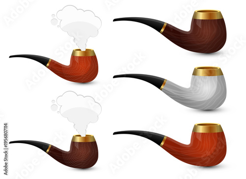 Selection of smoking pipes: different colors, wood grains, and some with smoke.