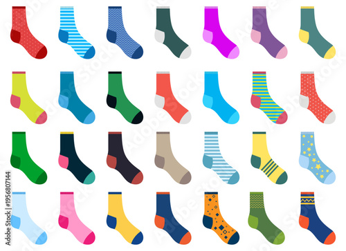 Collection of colorful socks with different patterns and design variations.
