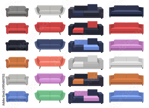 Variety of couches, diverse styles and vibrant colors on a white backdrop.