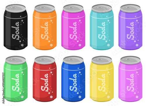 Colorful soda cans arranged in a row, representing variety and refreshment.